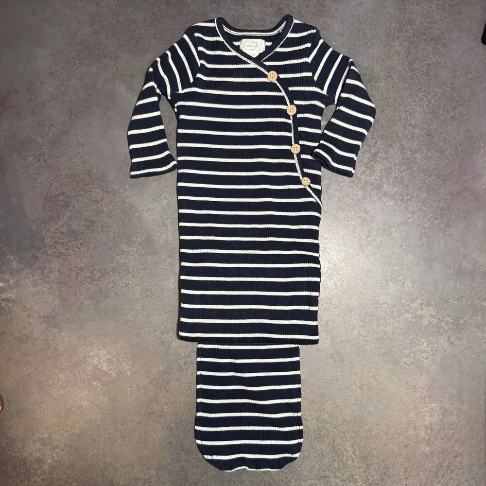 Mudpie Navy White Stripe Kimono One Piece Gown Night Sleepwear 0-3M